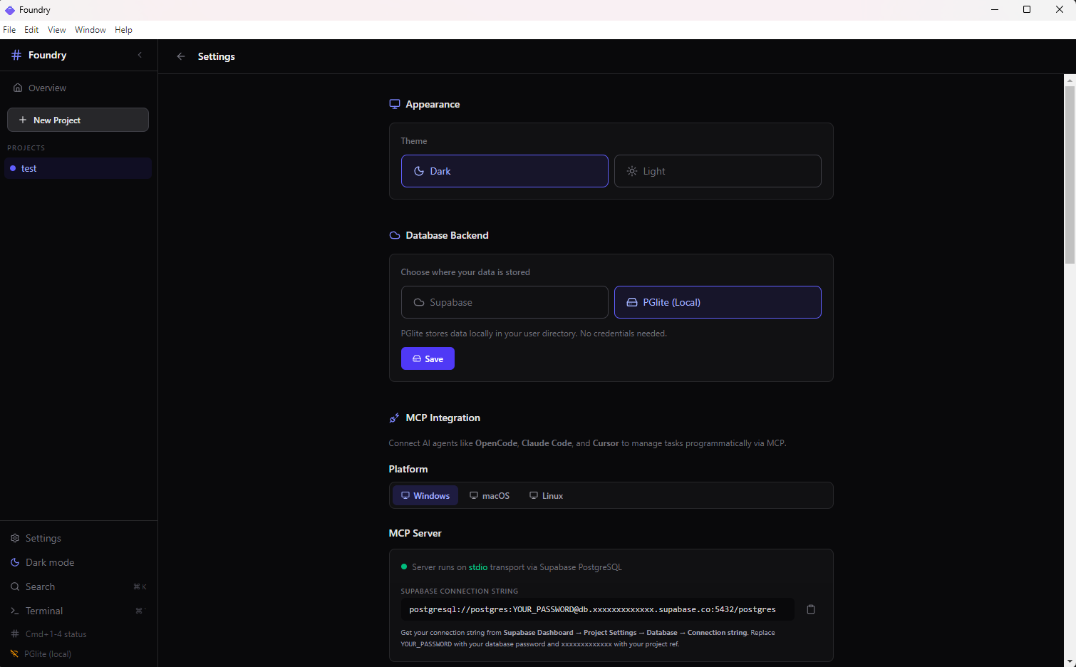 Settings page