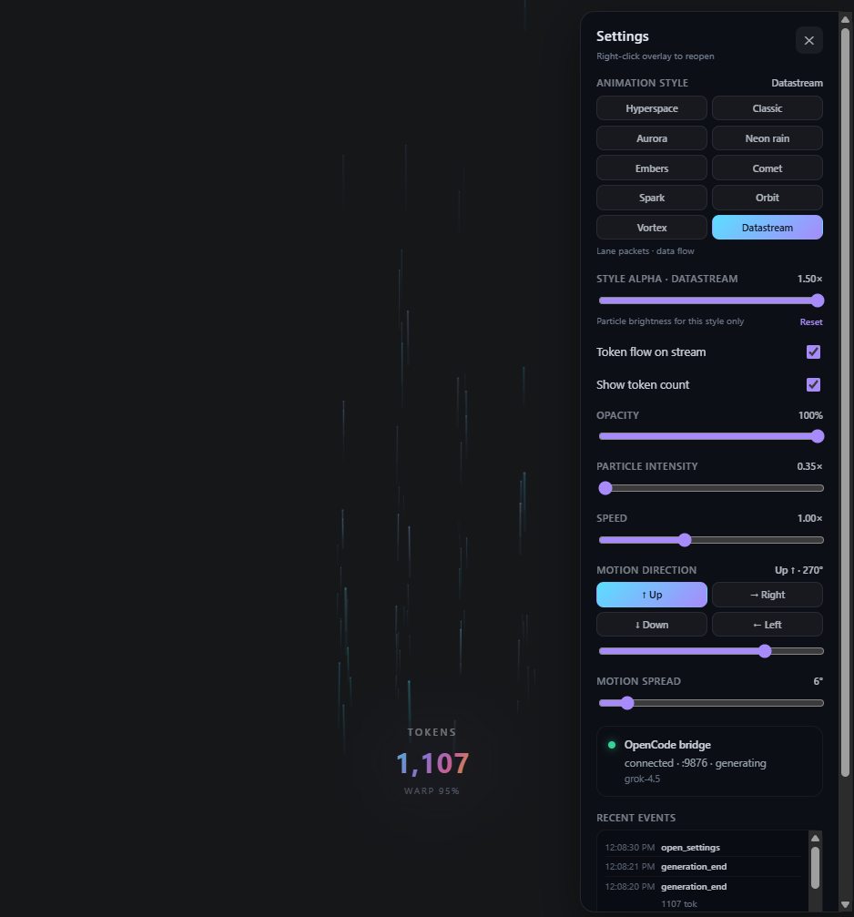 Settings panel with animation styles
